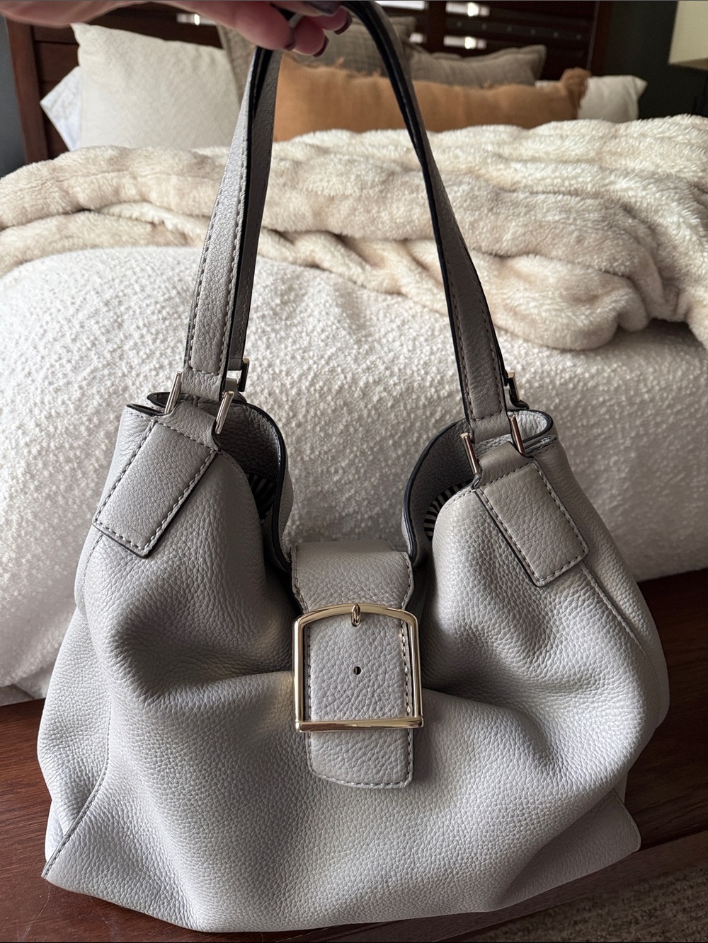 Kate Spade Light Gray Pebbled Leather Shoulder Bag with Buckle